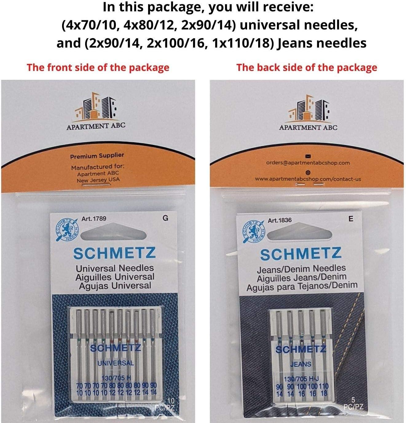 Denim and Universal Sewing Machine Needles Combo Pack, (Size: Assorted)  Fits Brother, Baby Lock, Bernette, Bernina, Elna, Necchi, Juki, Janome,  Kenmore, Singer Sewing Machines by Apartment ABC