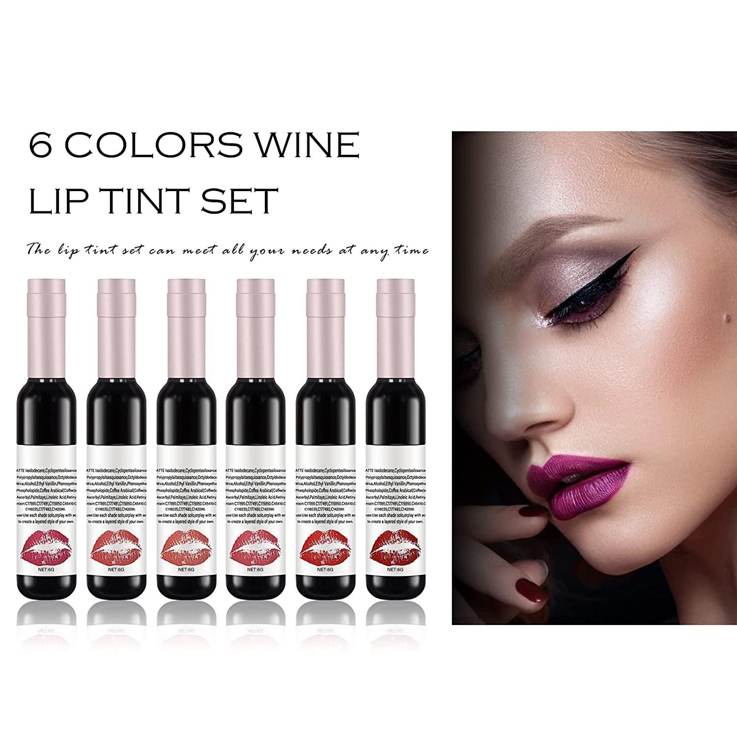 KYDA 6 Colors Wine Lip Tint Set, Wine Bottle Pack Matte Color Lip Gloss
