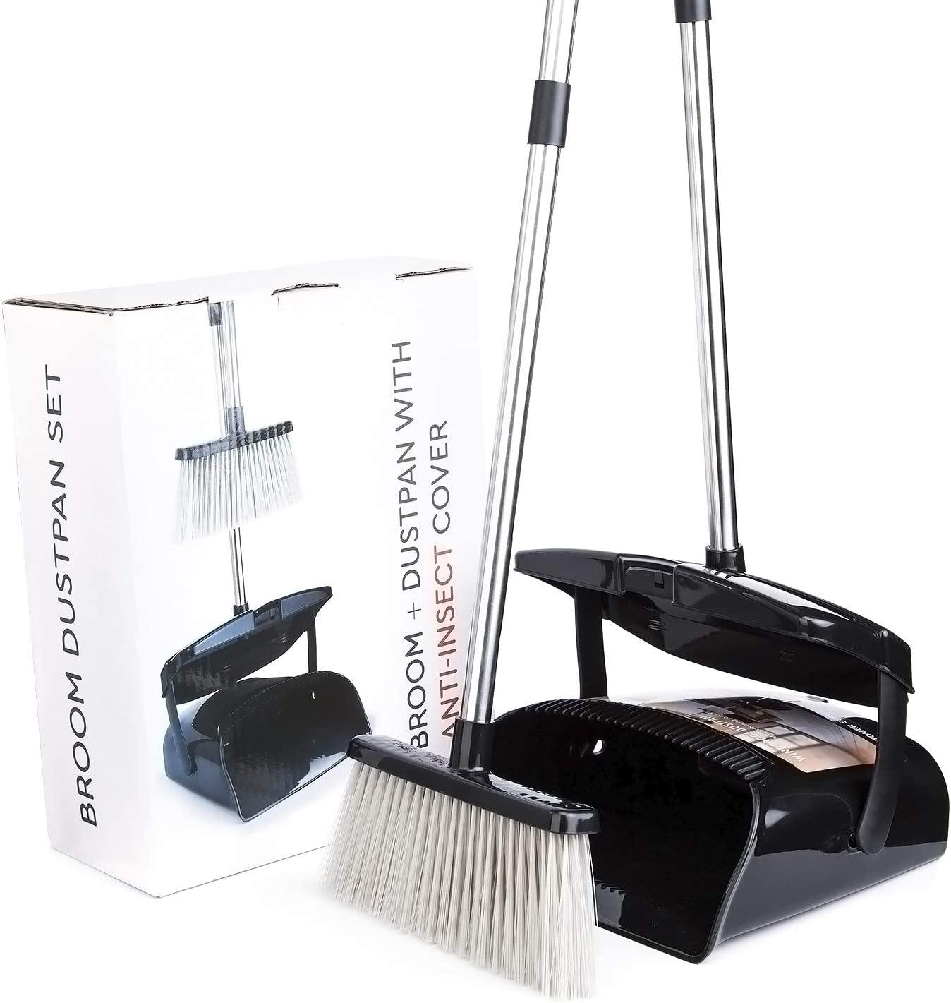 Indoor Upright Broom and Dustpan Set with Lid Long Handle Sweeper for