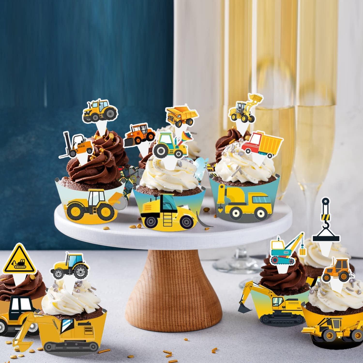 SYKYCTCY 64 Pack Eetbare Bouw Cupcake Toppers Dump Truck Graafmachine Tractor Cupcake Picks Decoraties Voor Jungle Thema Baby Douche Kids Verjaardagsfeestje Benodigdheden