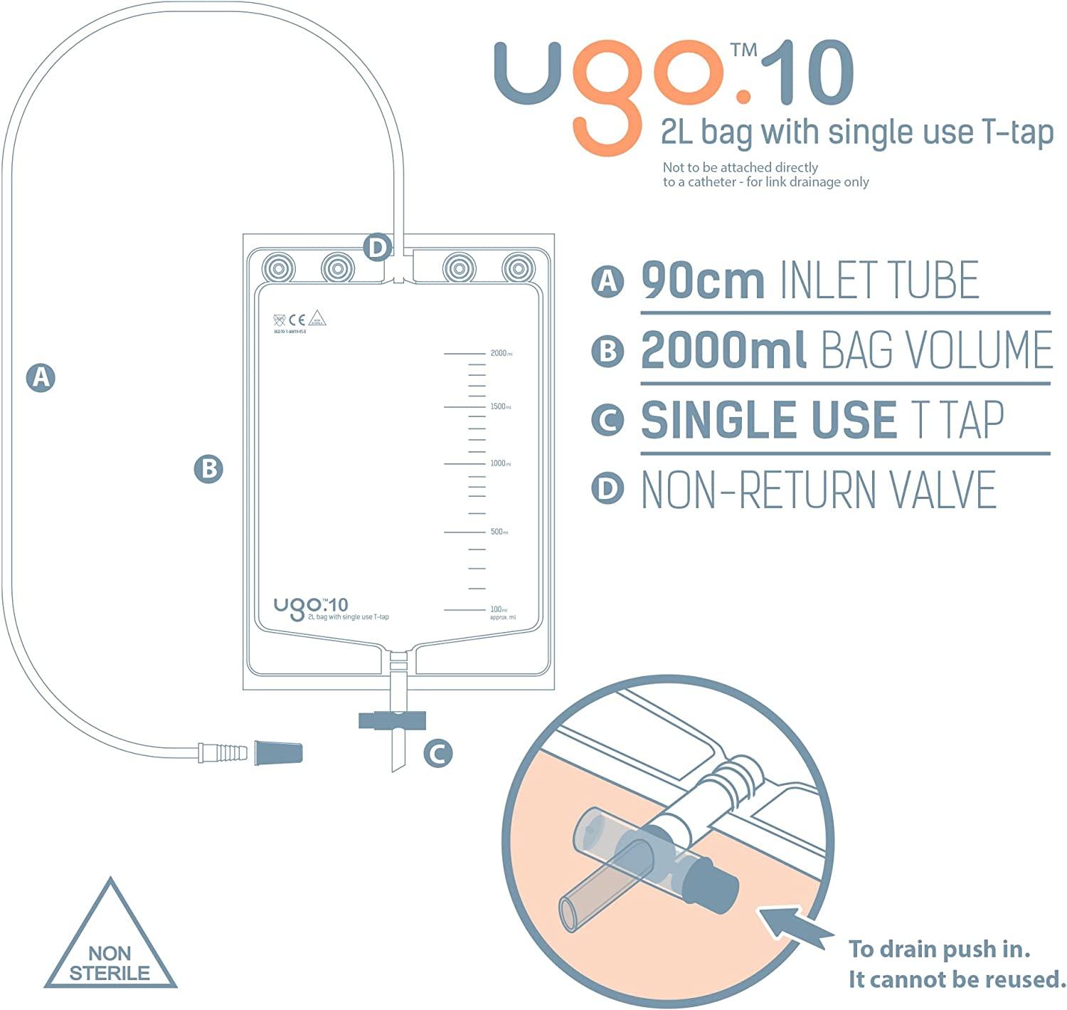 Ugo 2L Night Bags (x10) Urine Drainage Bags/Catheter Night Bags, T Tap