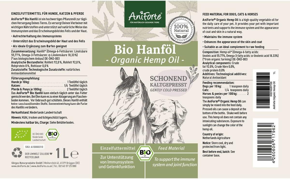 AniForte Cold-Pressed Organic Hemp Oil for Dogs & Horses - 1L 100
