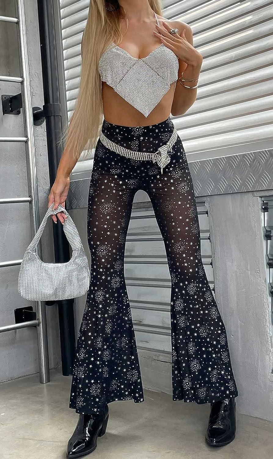  2022 Sequin Mesh Pants Glitter Sparkle Rave Pants High Waist  Sheer Euphoria Outfit for Women Dance Festival Clubwear : Clothing, Shoes 
