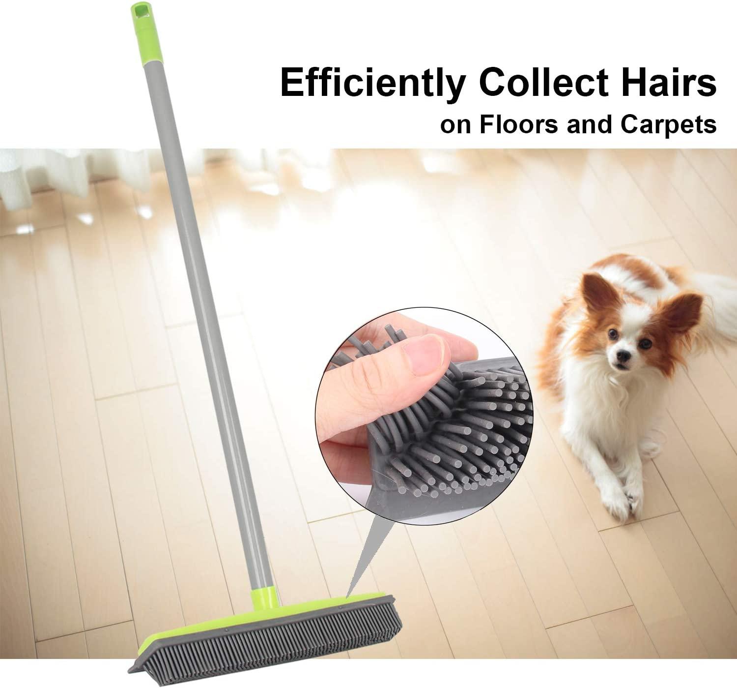 Pet Hair Broom Rubber Broom Carpet Rake with Squeegee with 59 Long Handle  for Sweeping Floor -Yellow