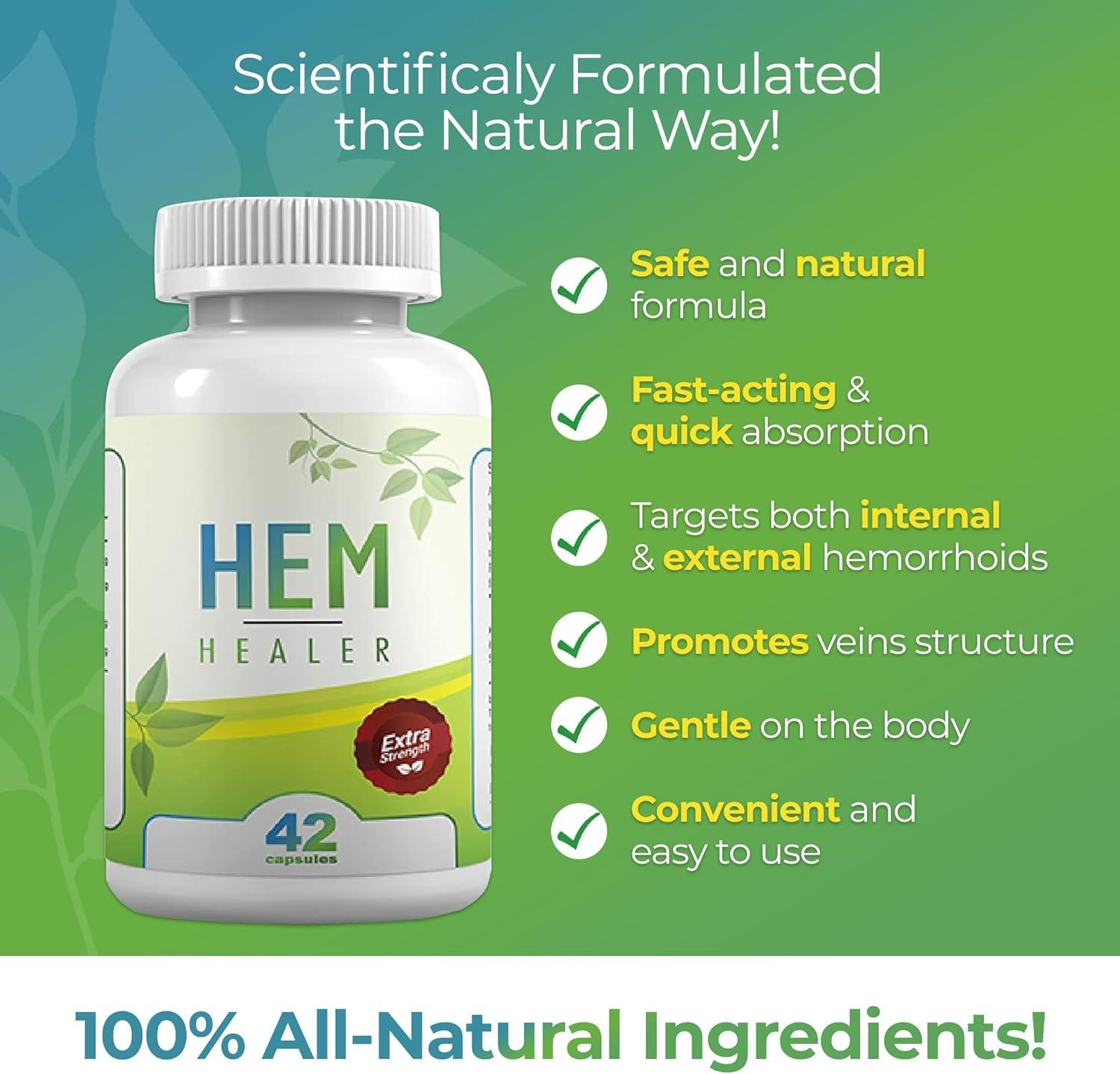  Hem Healer Hem Hero Extra Strength Hemorrhoid Treatment -  Reduce Swelling, Soothe Itching & Irritation - 100% Natural - 42 Vegetarian  Capsules : Health & Household