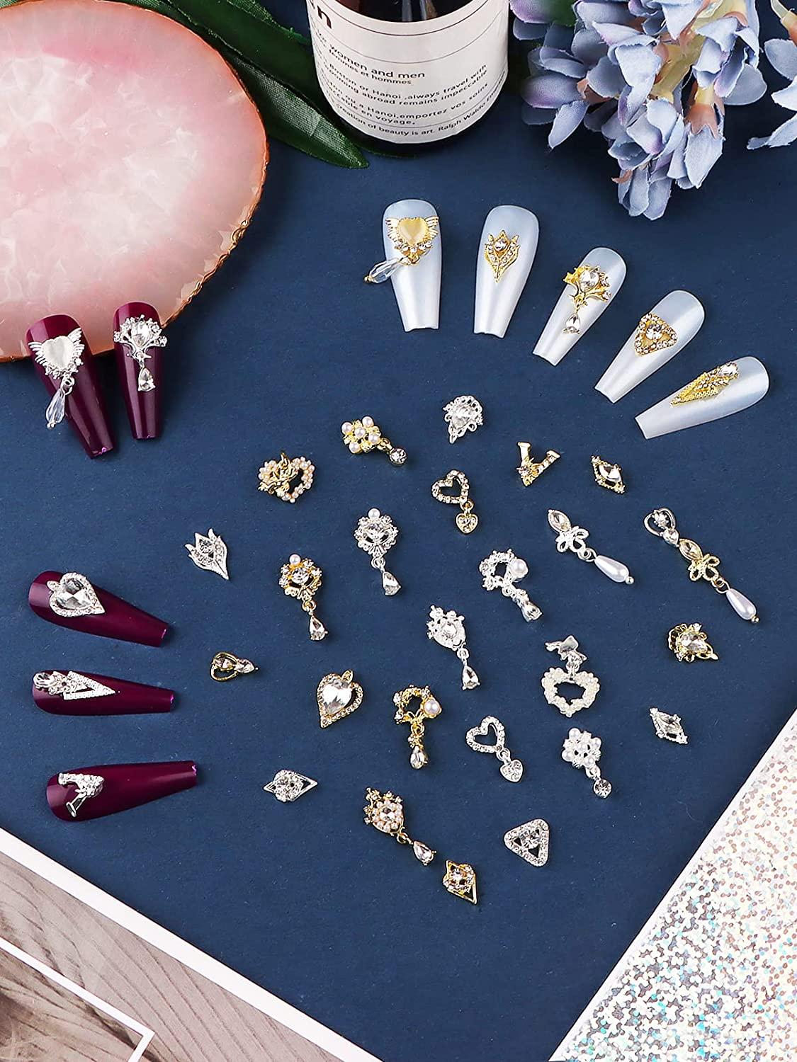 36 Pcs Luxury Nail Art Rhinestone, TOROKOM 3D Dangle Nail Art Charms Gold  Silver Heart Pearl Crystal Gems Nail Diamond for Girl Women DIY Nail Design  Craft Jewelry Making Dangle Nail Charms
