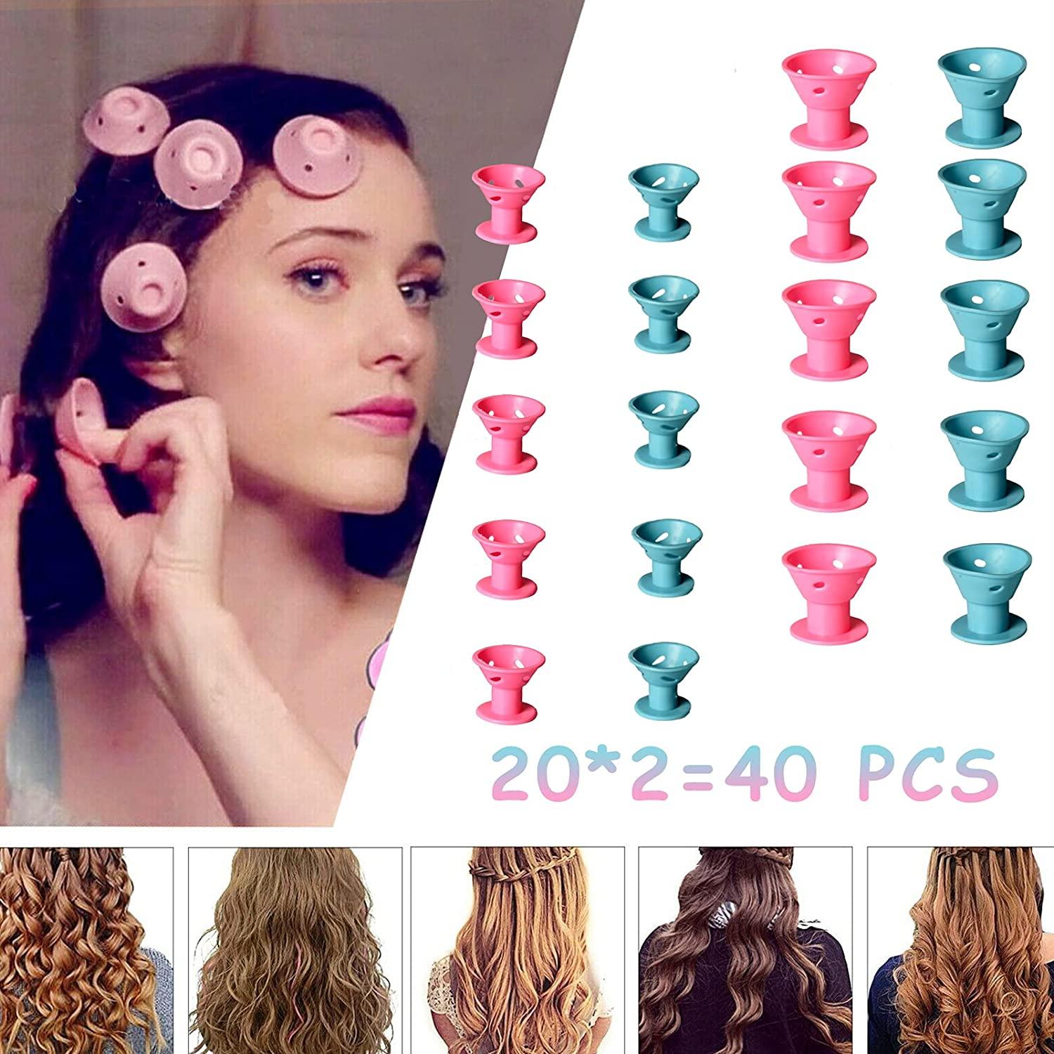 40 Pcs Magic Hair Rollers, Smilco Silicone Hair Curlers Set Including 20  Large and 20 Small for Women Girls (Pink&Blue)