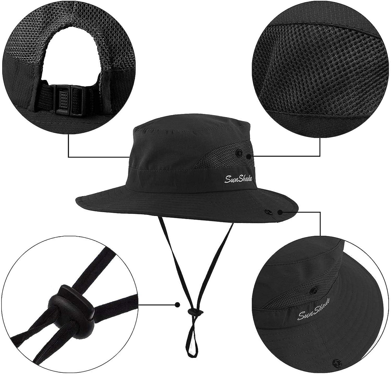 UV Protection Boonie Hat with Rope, Wide Brim Fishing Hat, Bucket Hat, Sun Hat with Ponytail Hole, Foldable Outdoor Sports Hat for Hiking Fishing