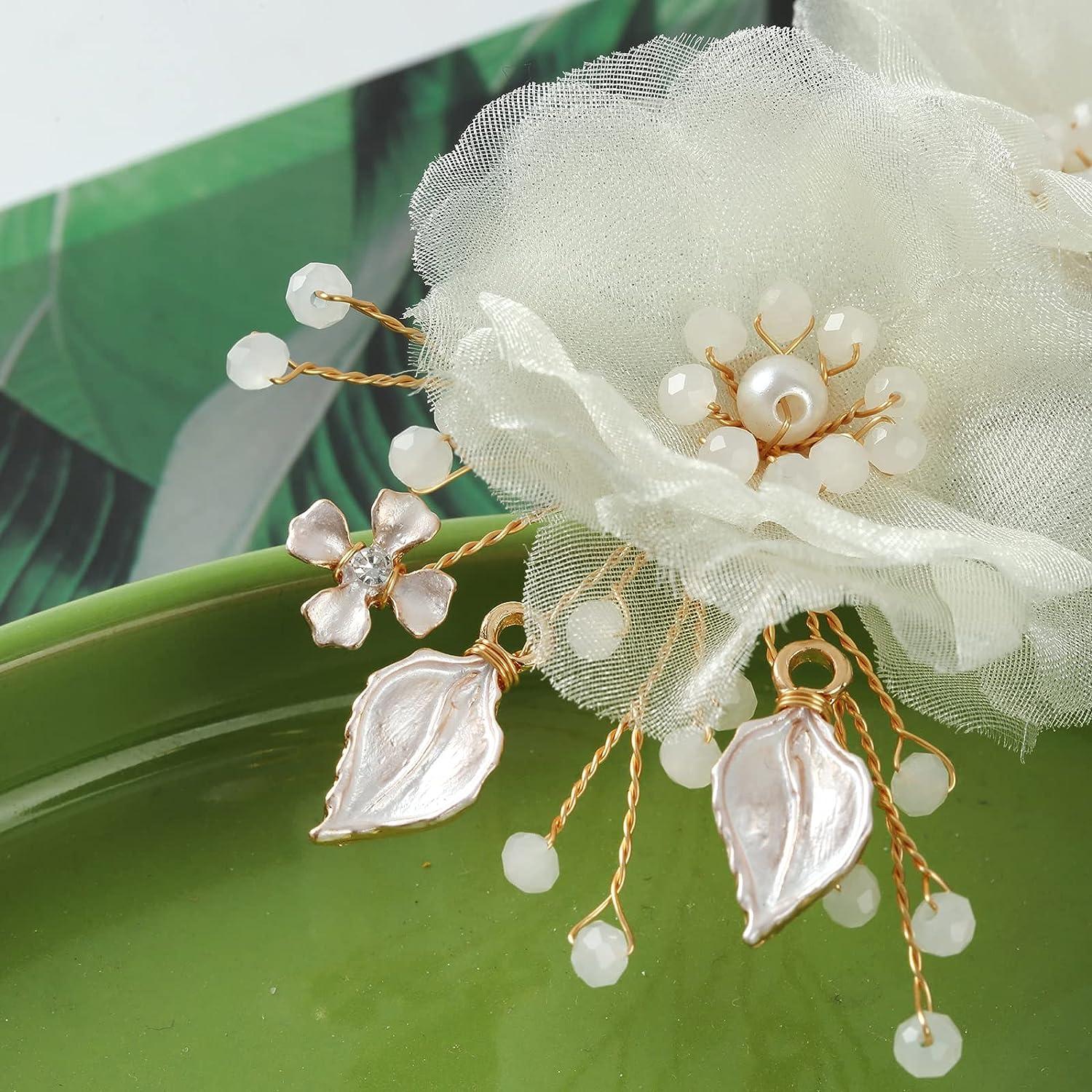 SOBEIT Bridal Hair Clips 2PCS Pearl White Mesh Flower Hair Clips