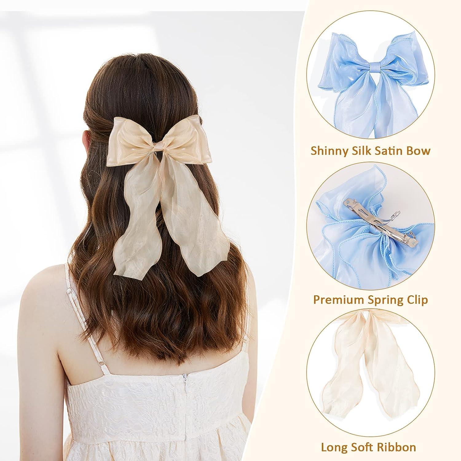 2PCS Big Silk Satin Bow Hair , French Double Layers Hair Bows With Long Tail Ribbon - View #2