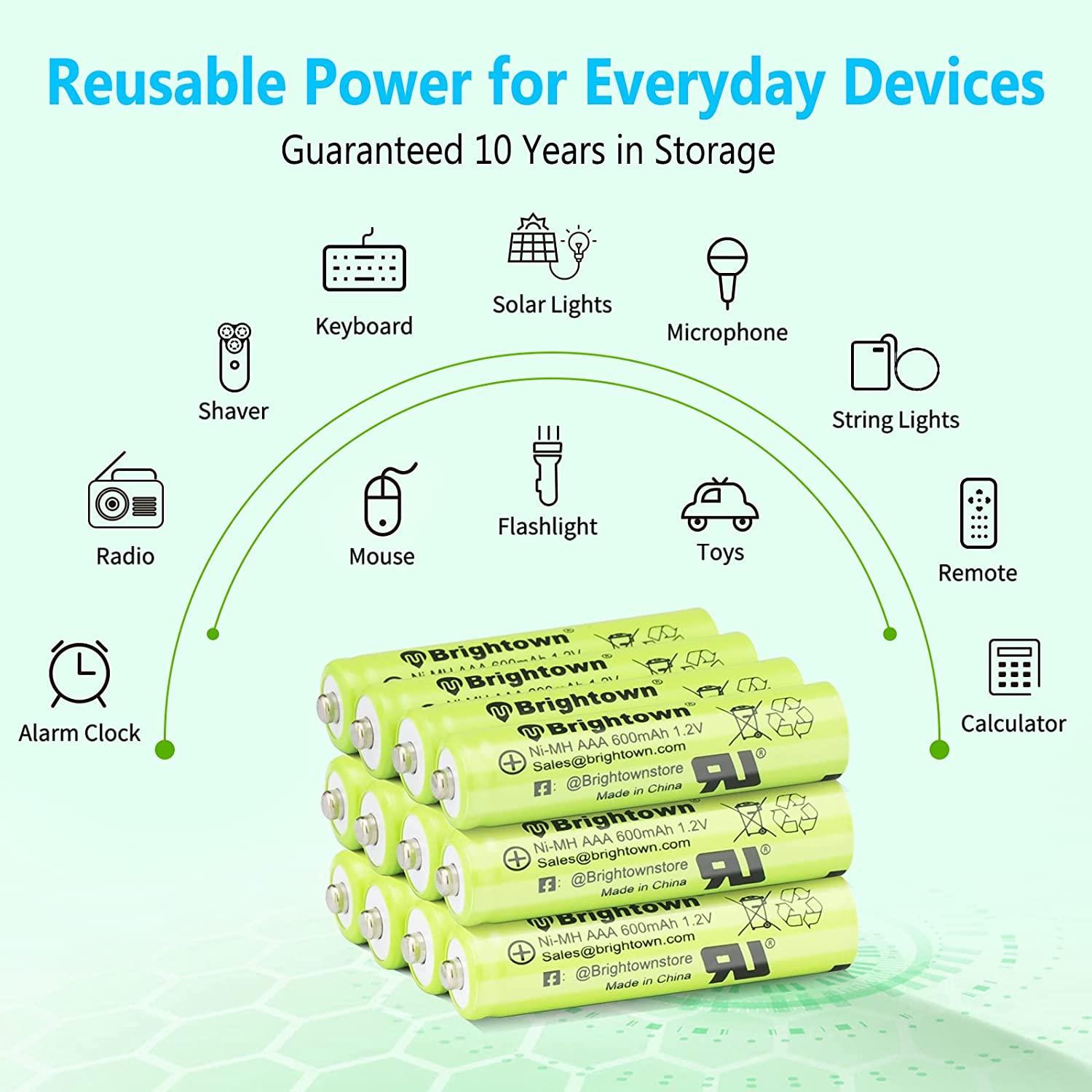 12Pack Rechargeable AAA Batteries PreCharged, NiMH 1.2V 600mAh Triple A Solar Batteries for