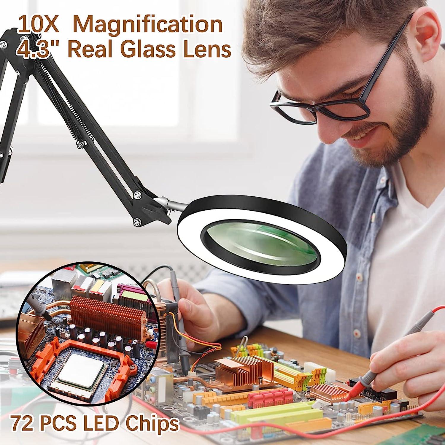 10X Magnifying Glass with Light, Lighted Magnifying Glass Magnifying Lamp 3  Color Modes Stepless Dimmable, 72 LEDs Real Glass Lens Magnifier with Light  and Stand for Close Work, Repair, Reading, Craft