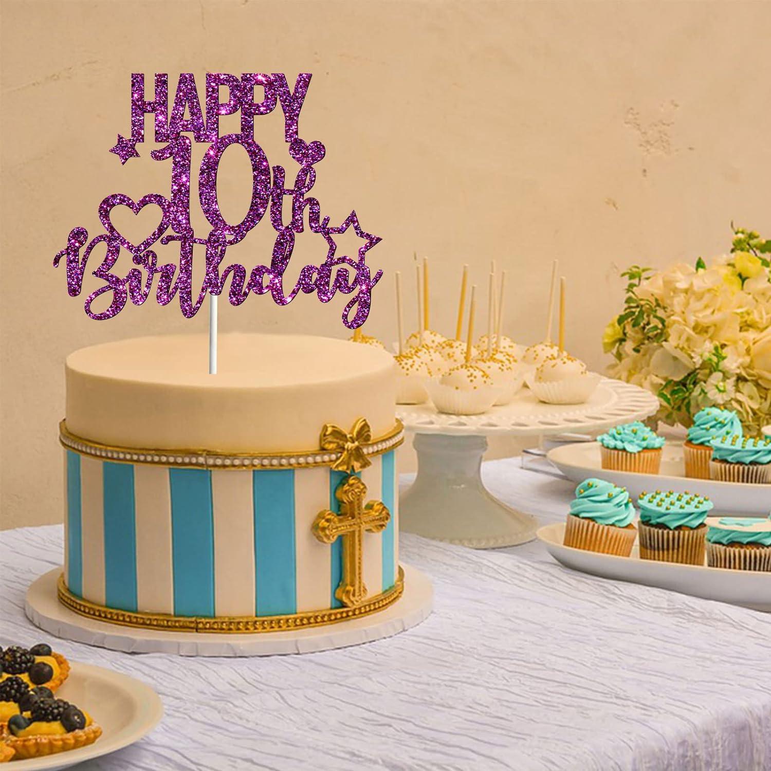 Purple Glitter Happy 10th Birthday Cake Topper With Cupcake Toppers - 10th Birthday Cupcake Decoration, 10th Birthday Cake Decor For Boys Or Girls (10th