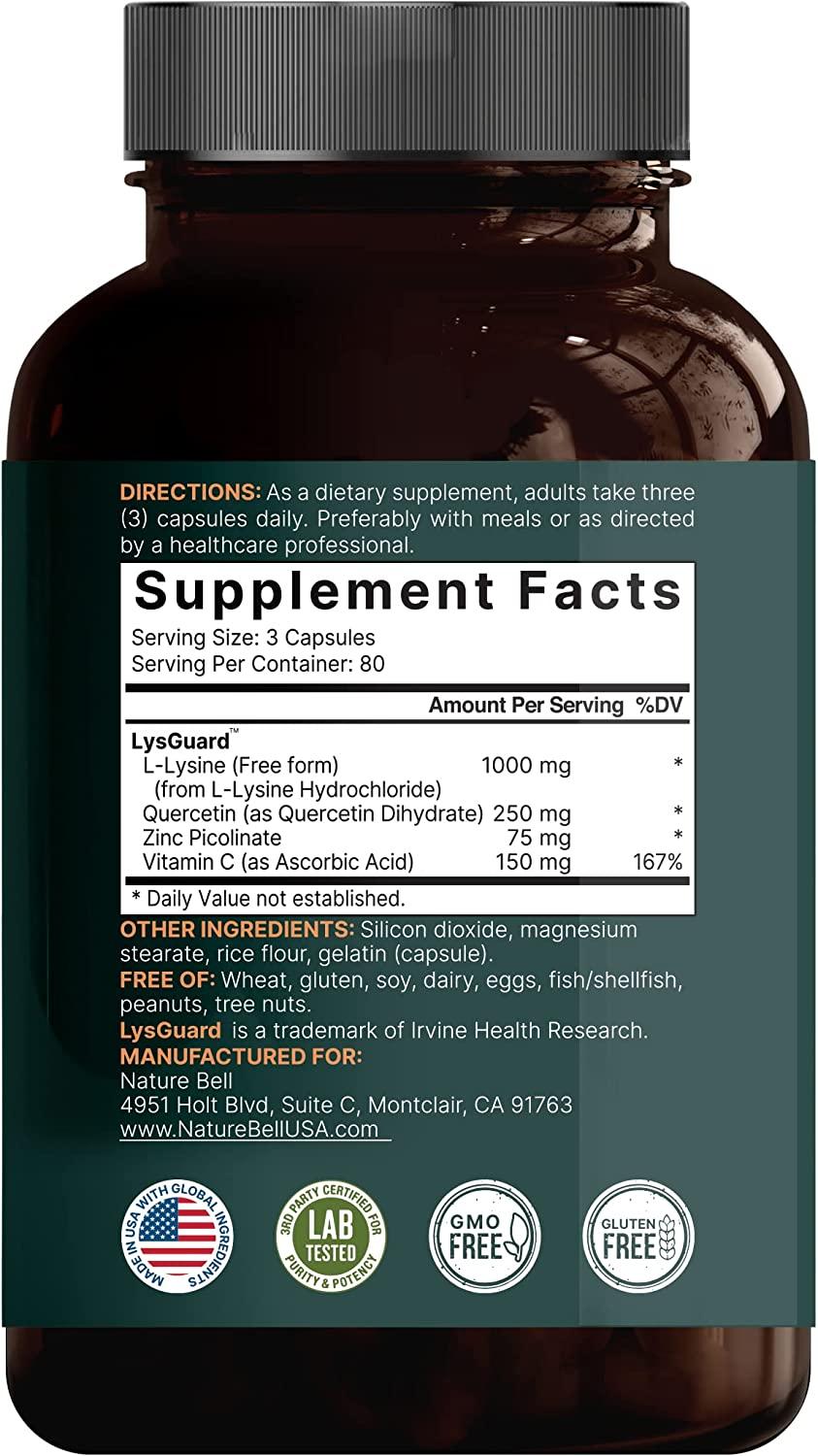 LLysine + Quercetin Supplement, 240 Capsules, Free Form, 4in1 Lysine