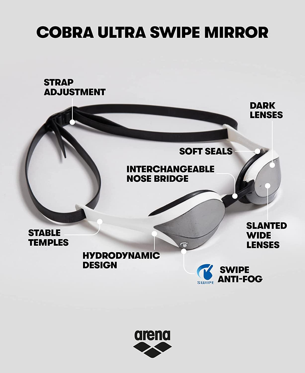 Arena Cobra Ultra Swipe Racing Swim Goggles for Men and Women, Mirror/Non- Mirror Lens, Anti-Fog, UV Protection, Dual Strap Blue / Silver Swipe  Mirrored