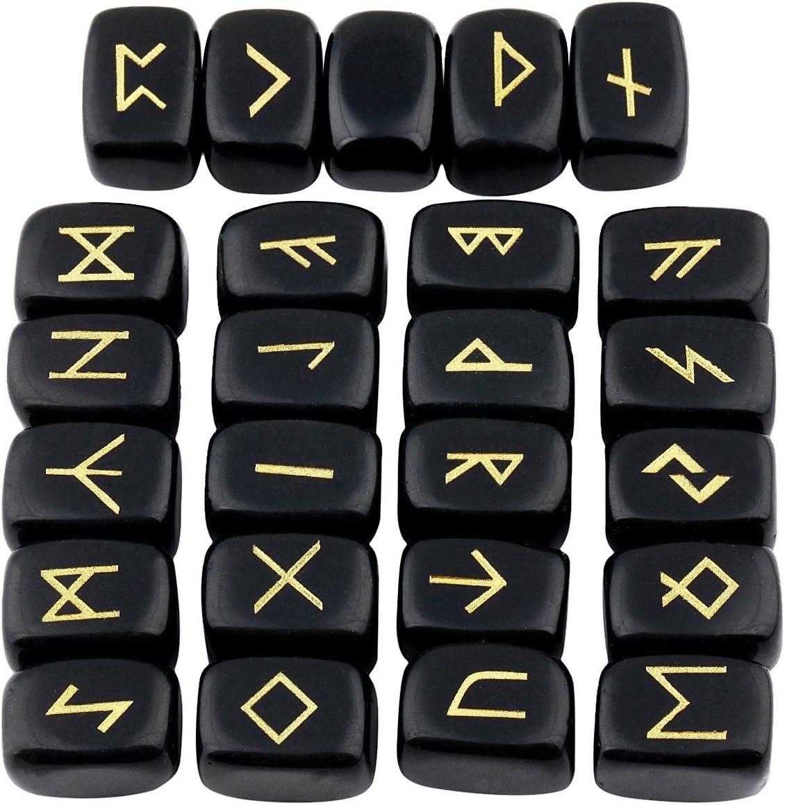 mookaitedecor Natural Black Obsidian Runes Stones Set of 25 Viking ...