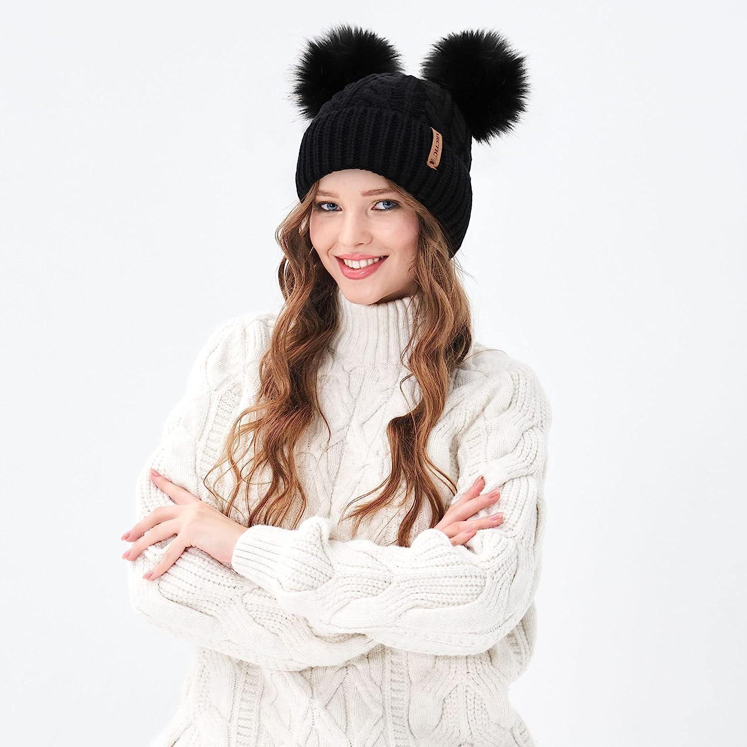 Arctic Paw Women Knit Beanie Cable Knit Beanie Hat Faux Fur Pompom Ears White, Womens, One Size