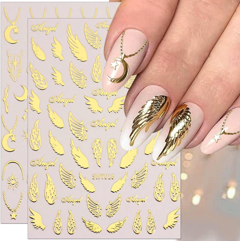 Bronze Gold Silver Nail Stickers 3D Sun Moon Star Art Metal Chain Heart Lock Necklace Angel Wings Decals 9pcs Set