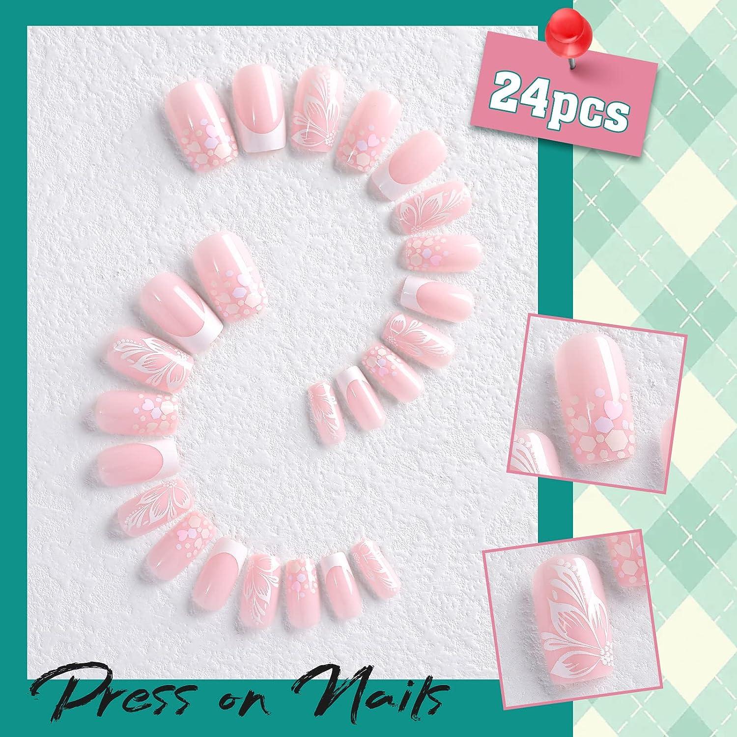Press on Nails Long Square Shape Fake Nails White Acrylic Nails Glossy Nude  Glue on Nails French False Nail Tips with Butterfly Charms and White  Flowers Design for Women and Girls, 24Pcs 