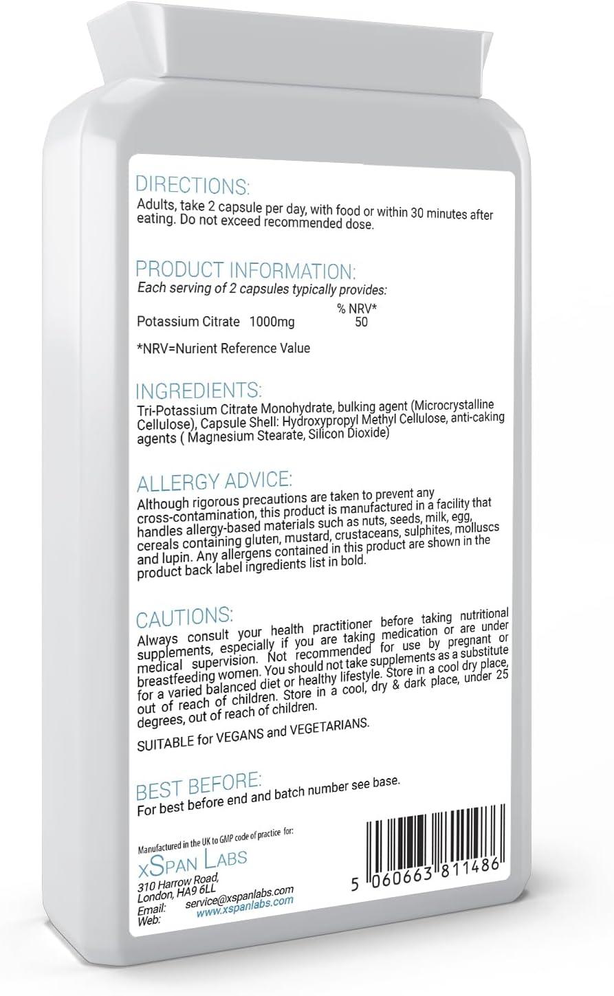 Potassium Citrate 1000mg Daily dose 120 Capsules Super high Strength