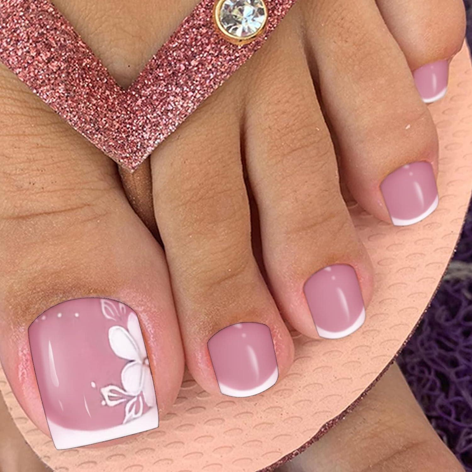 Amazon.com: Sokfone 24 Pcs Pink Press on Toenails Short Square French Tip Toe  Nails White Fake Toe Nails Full Cover False Toenails Artificial Glossy Acrylic  Toenails Summer for Women Glue on Toe