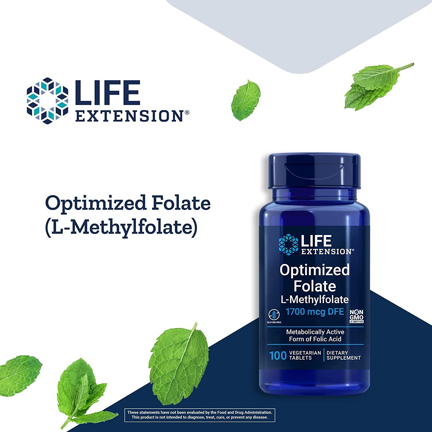 Life Extension Optimized Folate 1000 mcg 100 Vegetarian Tablets for Healthy Living