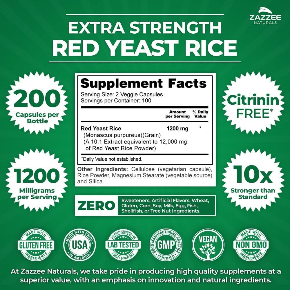 Zazzee Extra Strength Red Yeast Rice 101 Extract Capsules 1200mg