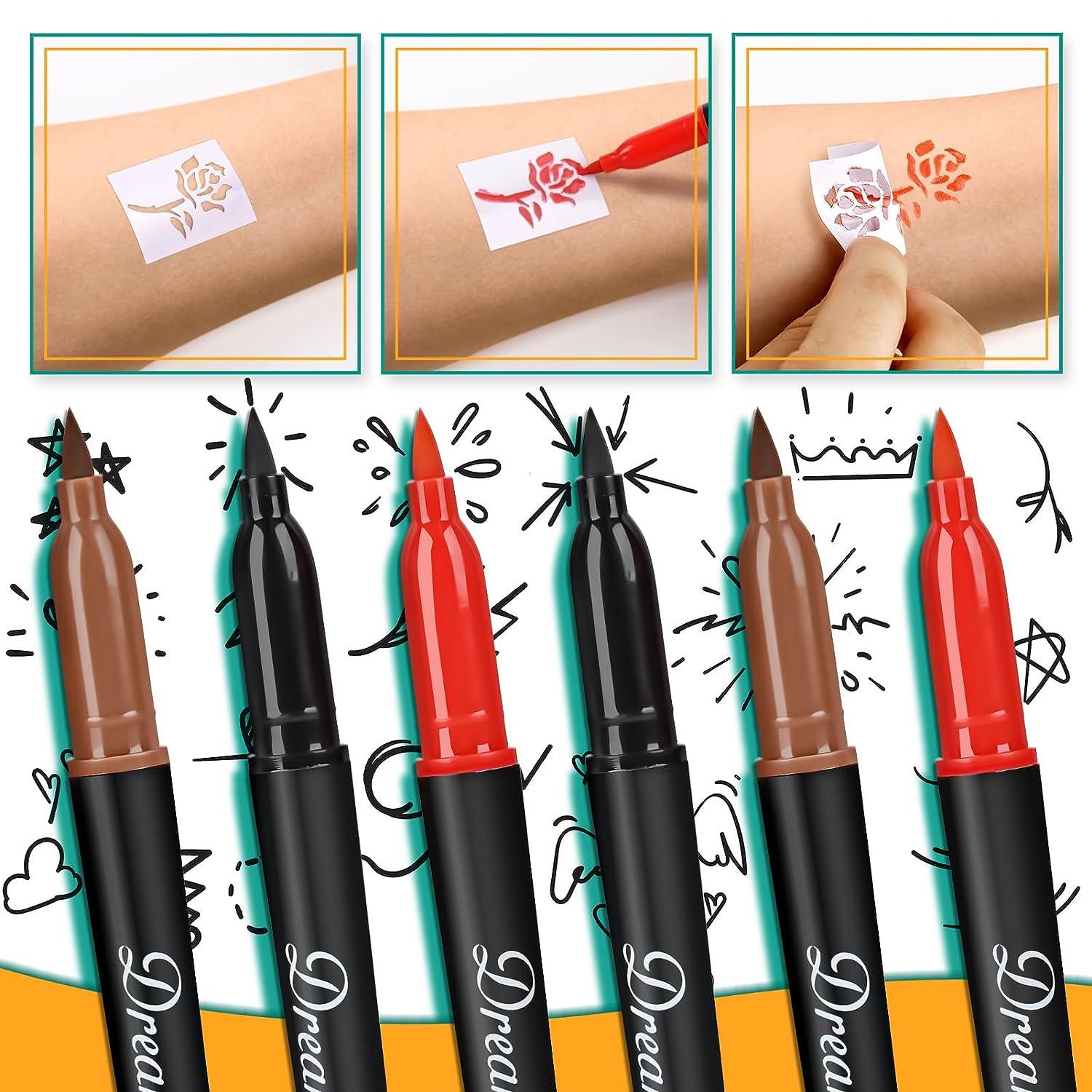 6-PCS Temporary Tattoo Markers for Skin Washable Markers-Removable Tattoo  Markers Multi-coloured Skin Safe Tattoo Kit for Teens Kids Adults Tattoo  Pens for Body & Face Art with 3 Tattoo Stencil Papers