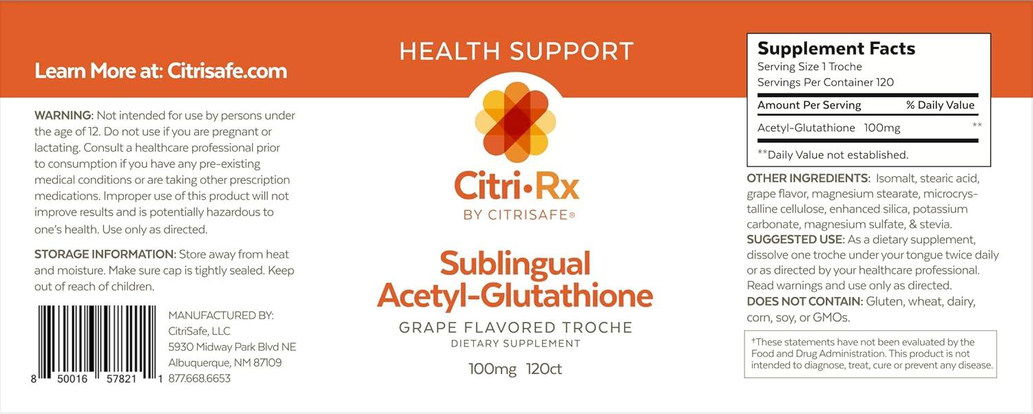 CitriRx Sublingual Acetyl Glutathione 100mg Lozenges - 120 ct Grape Flavor  | 4 Month Supply | Made in USA - Buy Internationally | Buy Now with Express  International Delivery