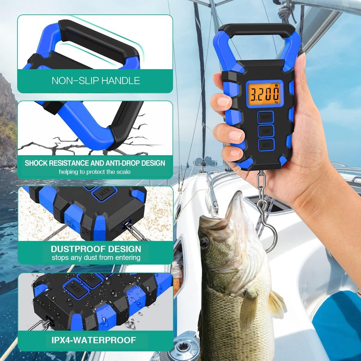 ORIA Digital Fishing Scale with Ruler, Fishing Postal Hanging Hook Scale,  110lb/50kg Waterproof Luggage Scale with Measuring Tape, Luggage Hook,  Backlit LCD Display, Blue