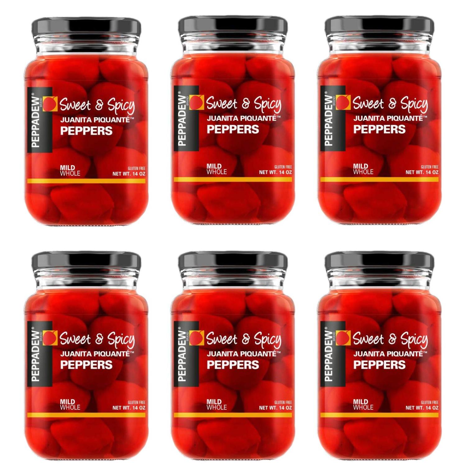 Peppadew Mild Whole Sweet & Spicy Piquante Peppers, 14Ounce Glass Jars (Pack of 6)