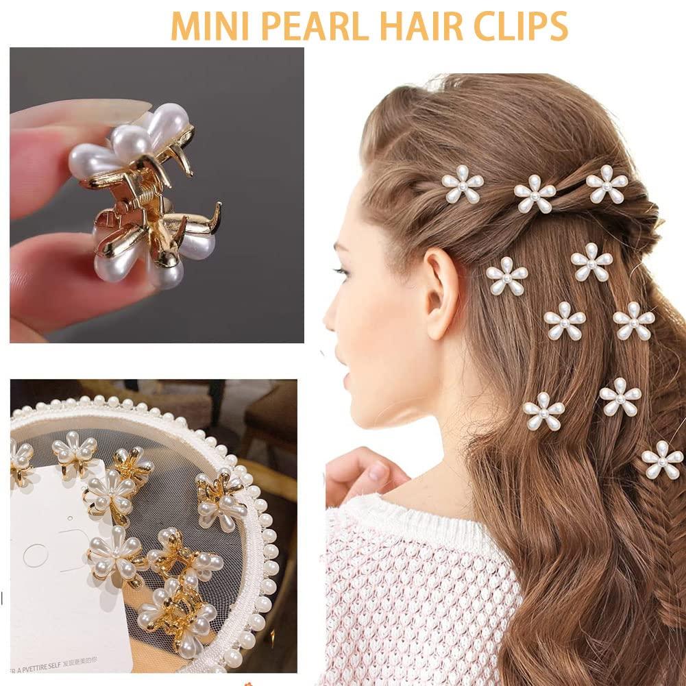Serduobi 10 Pcs Small Pearl Hair Clips Mini Pearl Claw Clips with Flower Design, Sweet Artificial Bangs Clips Decorative Hair Accessories for Women