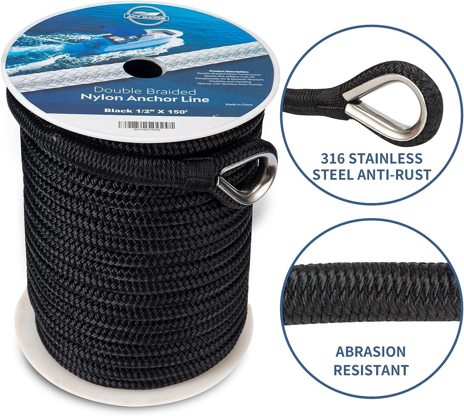 Double Braided Nylon Anchor Line with Stainless Thimble Black 1/2-Inch x  100-Feet