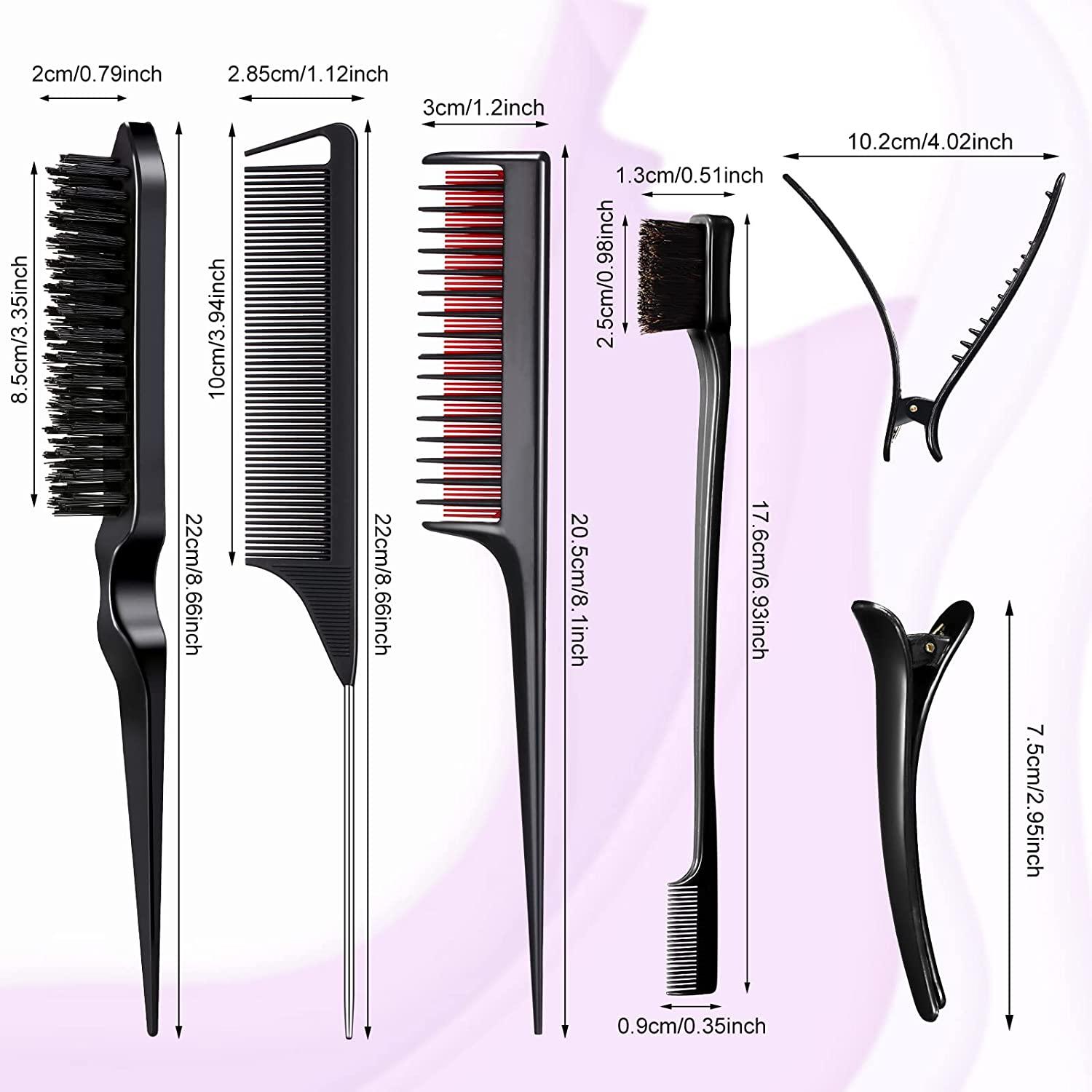 8 Pieces Edge Brush Teasing Comb with Hair Clips Grooming Hair Styling Comb  Teasing Dual Edges Styling Brush Black Fluffy Bristle Hair Brush Sturdy Rat  Tail Comb for Women Girls Kids and
