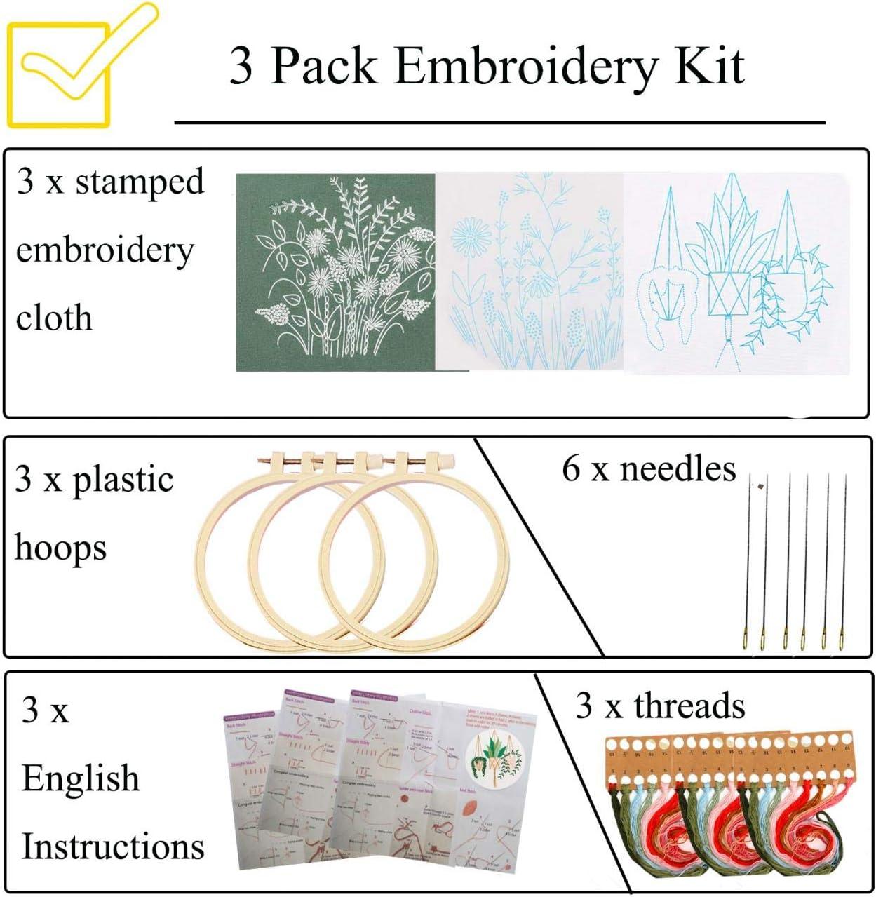 Nuberlic 3 Pack Embroidery Kits for Beginners Starters Cross Stitch Kits  with Pattern for Adults Kids Craft Stamped Embroidery Cloth 3 Hoops Threads  Needles color 2