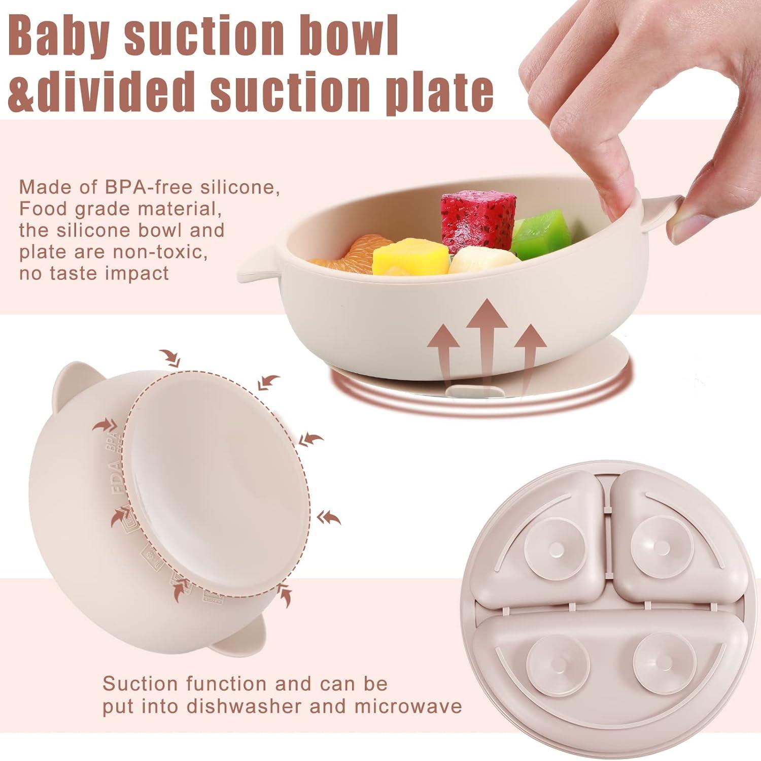 Baby Bowl & Plate Silicone Bib Baby Utensils Spoon Baby Toddler Weaning Set  Silicone Dinnerware Suction Bowl Weaning Bundle 
