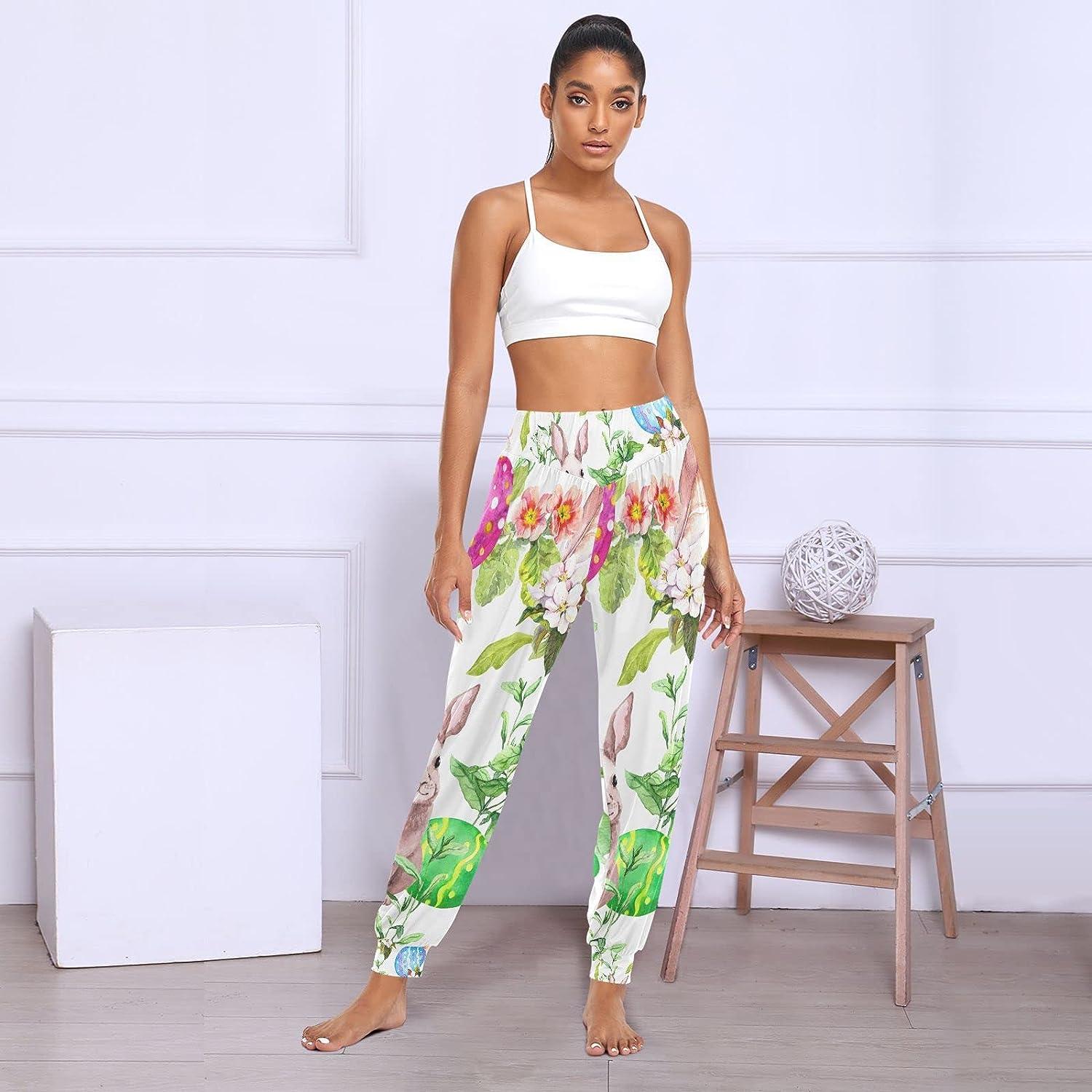 KLL Sweatpants for Women, Easter Bunny Colored Eggs Grass Flowers Oversized Jogger  Pants for Sport Gym Club Wear Large