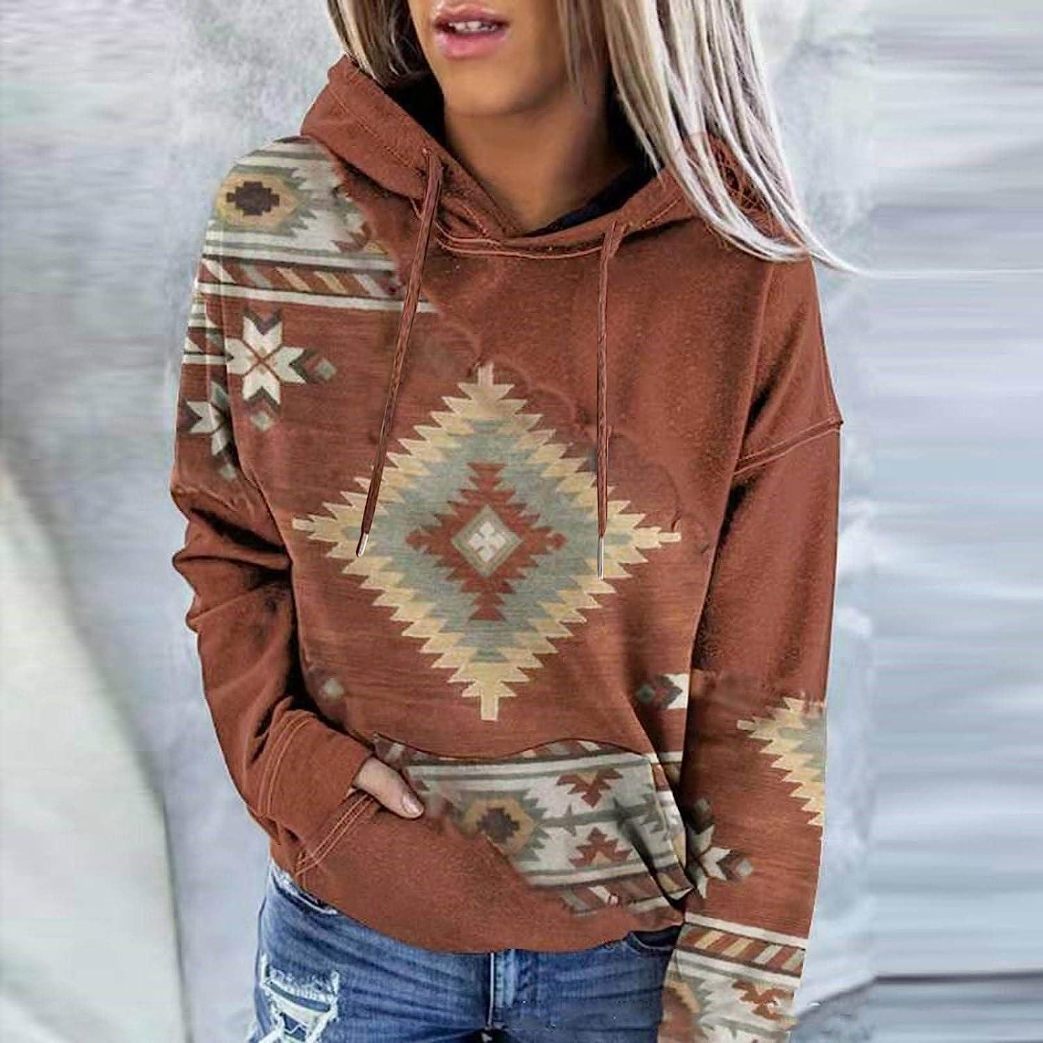 Western Shirts for Women Long Sleeve Aztec Geometric Hoodies Plus Size  Vintage Graphic Sweatshirt Casual Ethnic Pullover Tops 09-coffee 3X-Large