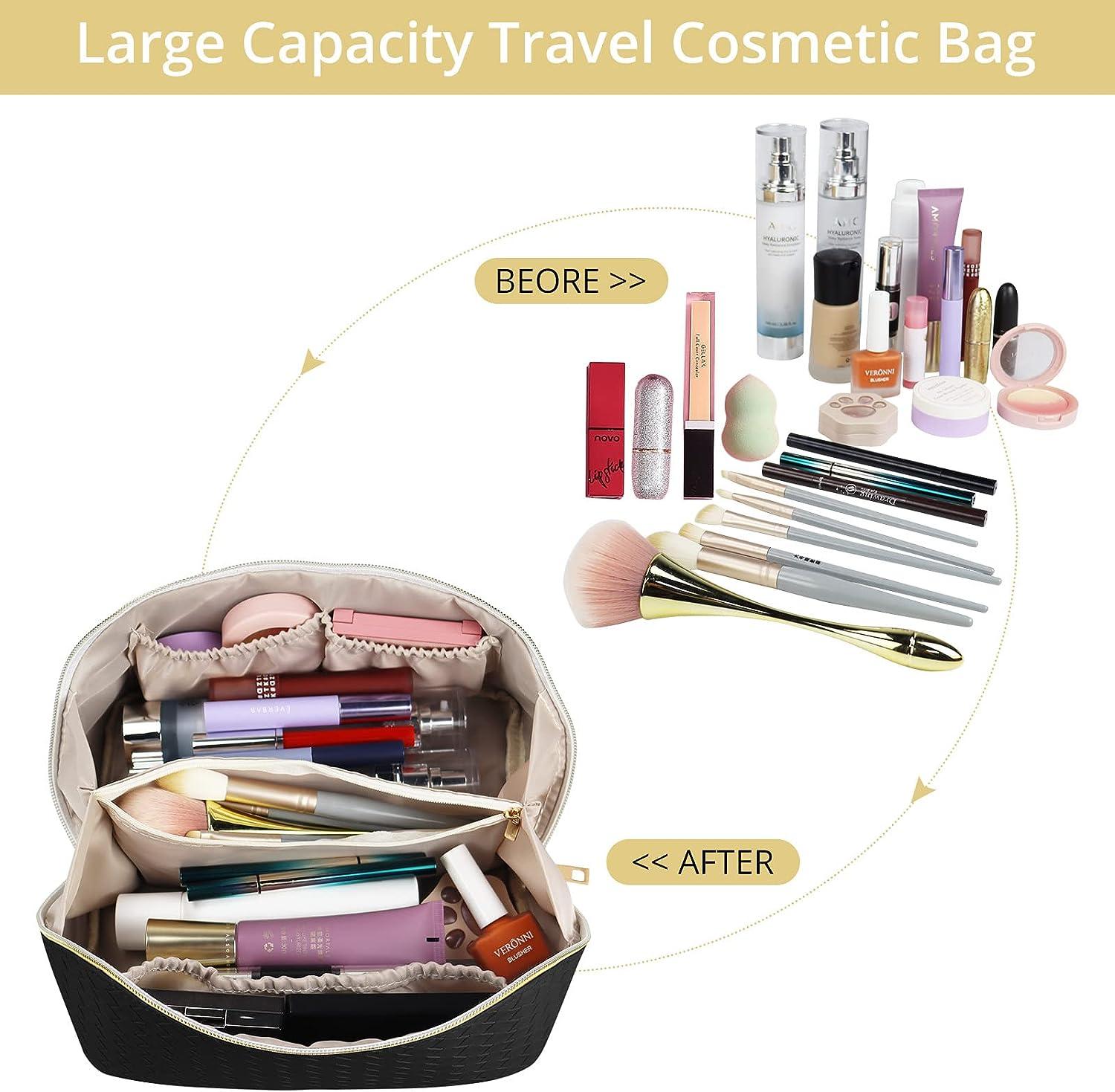 Travel Makeup Bag for Women Large Capacity Cosmetic Bag Waterproof Black  Checkered Portable PU Leather Toiletry Bag Organizer Makeup Brushes Storage