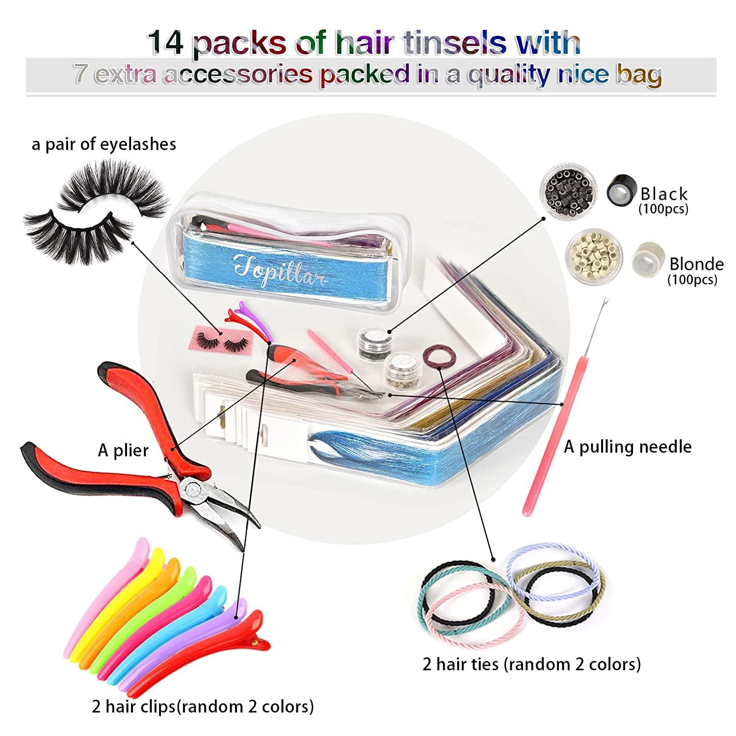 Hair Tinsel Kit, Tinsel Hair Extensions, 14 Colors Glittery Fairy Tensile  Hair Heat Risitant with Tools for Women Girls(Plier+Pulling Needle+100 Dark  Beads+100 Blonde Beads) 14 colors with tools