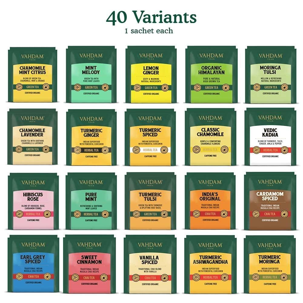 VAHDAM Assorted Tea Bags Sampler 40 Flavors Variety Pack Herbal