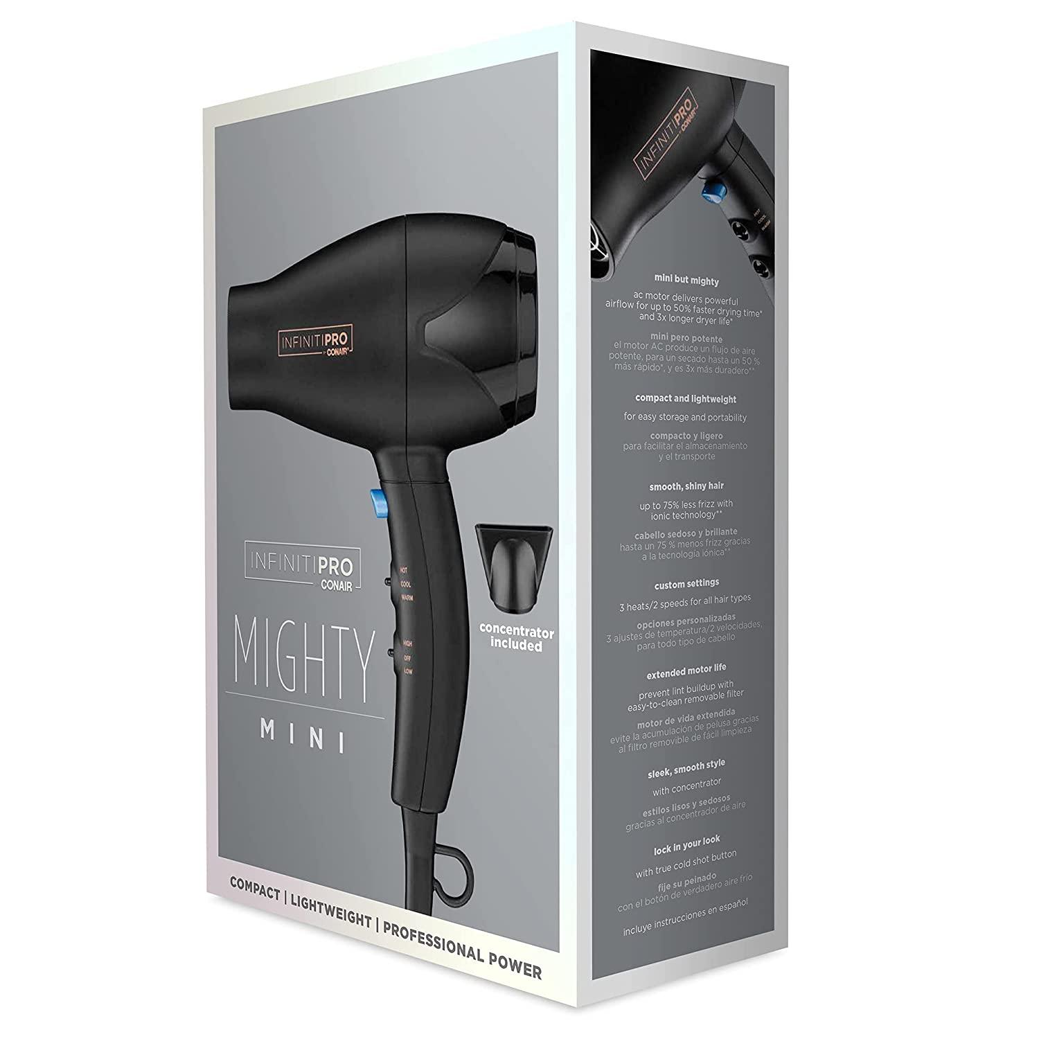 INFINITIPRO BY CONAIR Mighty Mini Compact Lightweight Professional Hair  Dryer with AC Motor, Black Hair Dryer Travel Size Black
