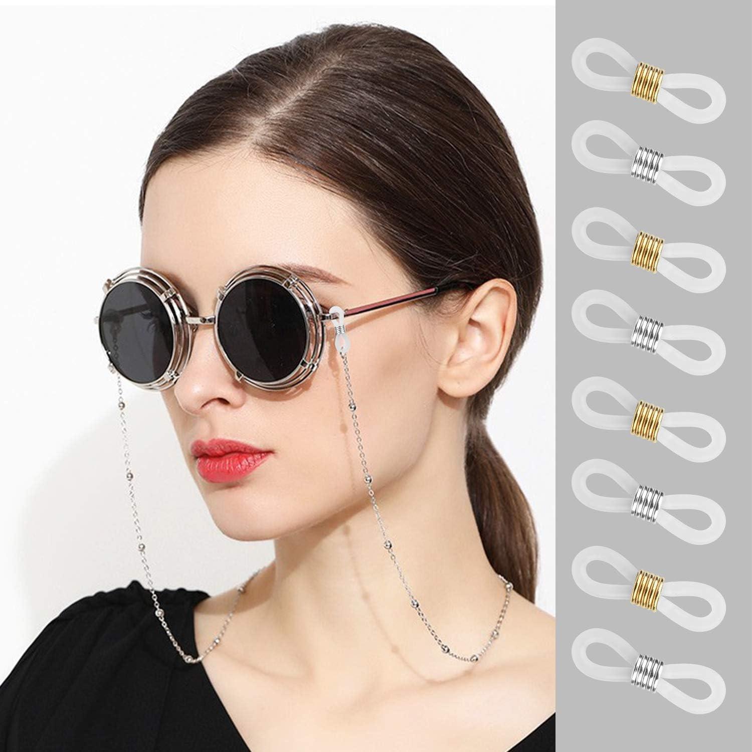 HUIHUIBAO 20 Pieces Eyeglass Chain Ends Adjustable Spring Rubber Ends  Connectors for Eye Glasses Holder Necklace Chain Strap Gold and Silver Ring  (Clear)