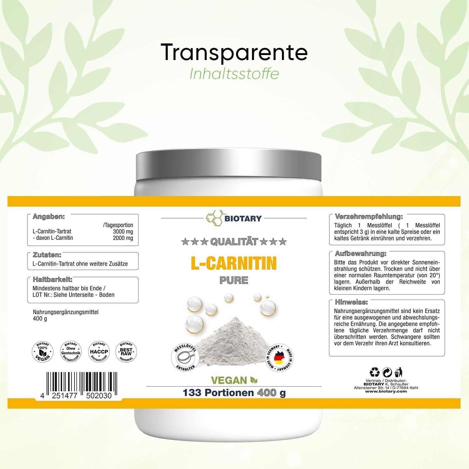 L-Carnitine Pure 400g - 100% Pure Powder 133 Portions Vegan High Dose  3000mg - Premium Quality Additive-Free Lab Tested - International Shipping  Available | Buy Now with Express International Delivery