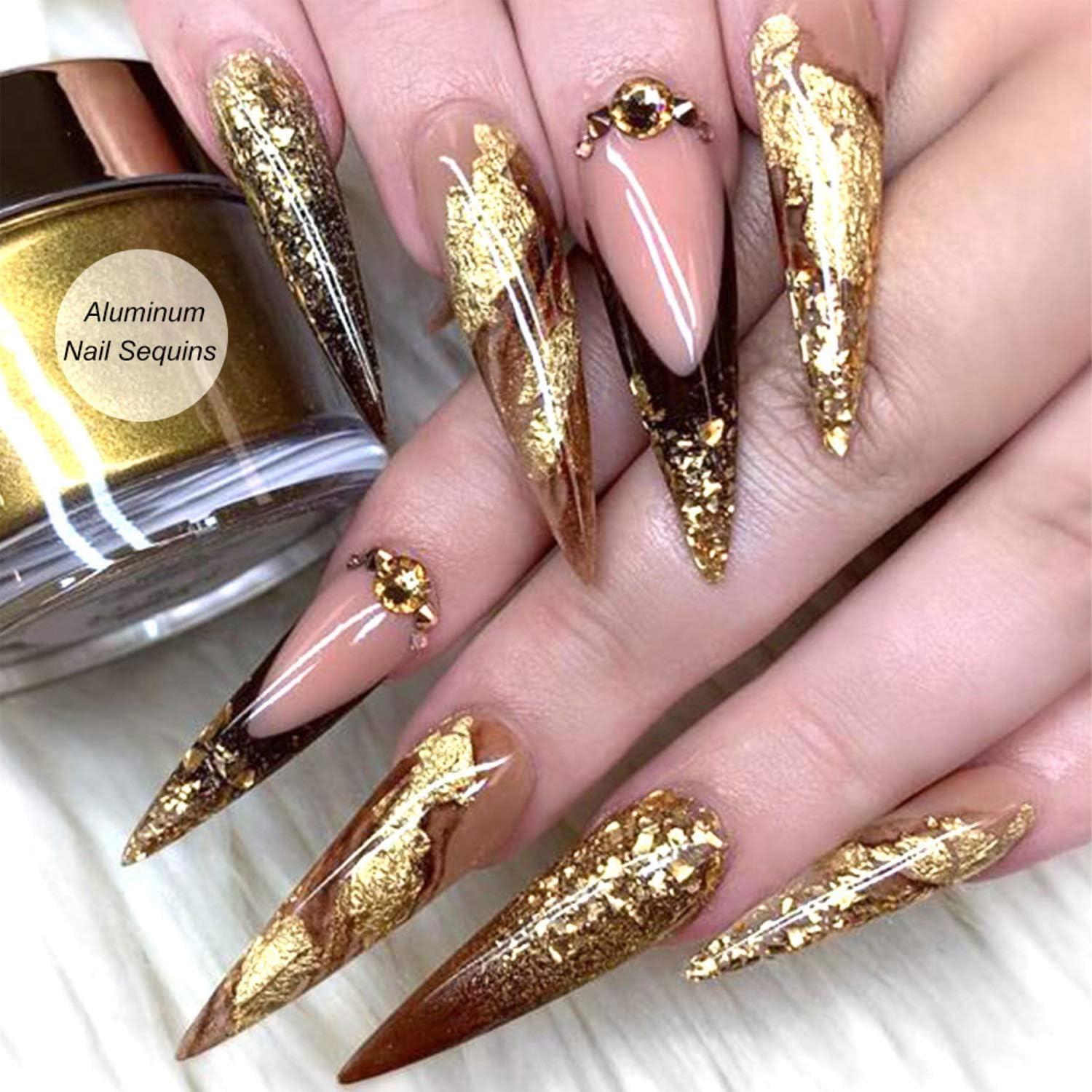 Gold Foil Nail Art Set, Nail Art Decals Stickers Fragments Nail Foil Art Nail Charms, DIY Manicure Nails Design Decal Decoration Gold Silver Leaf