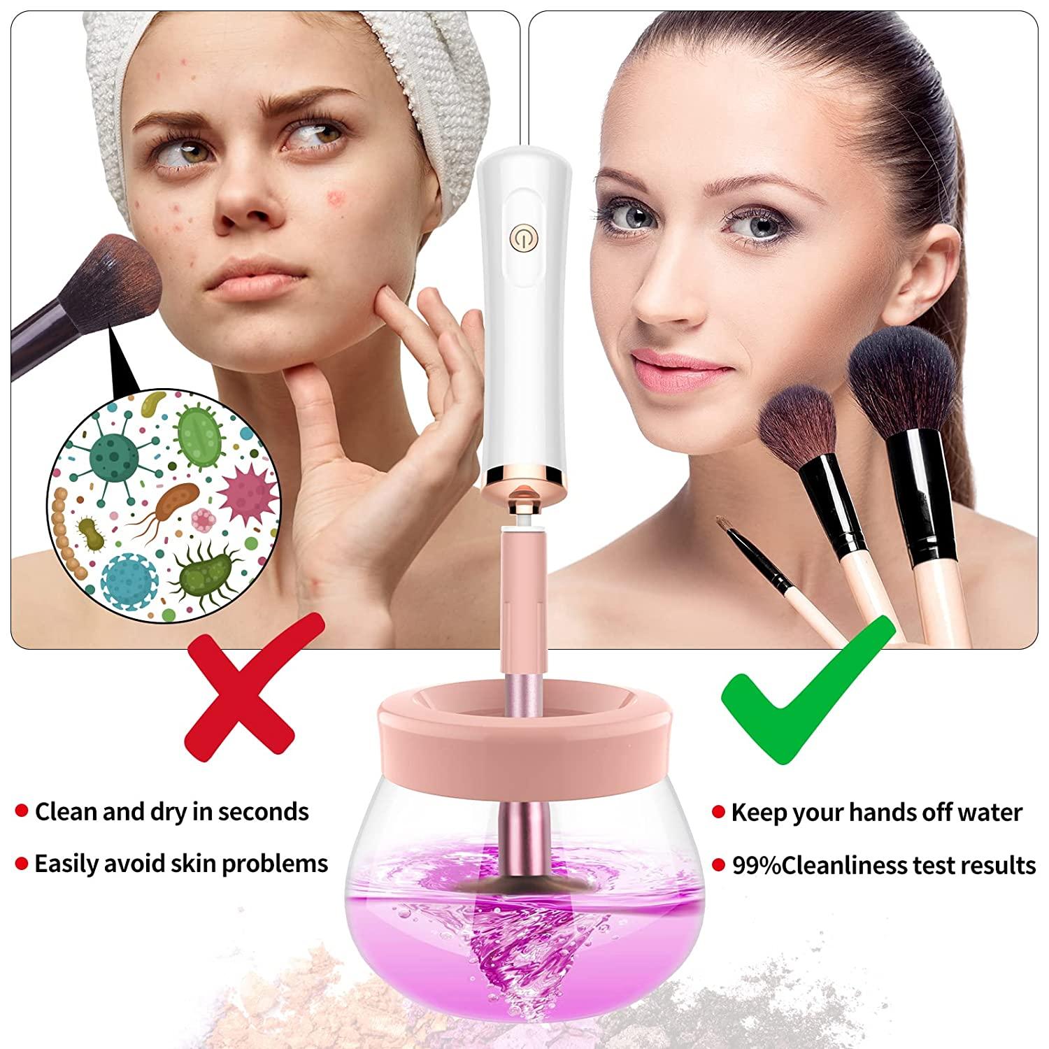 Fesmey Makeup Brush Cleaner Dryer Machine,Super-Fast Electric Brush Cleaner  Spinner with 8 Size Collars,Automatic Brush Cleaner Spinner Makeup Brush  Tools (White)
