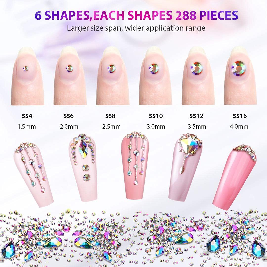 Rhinestones for Nails Gems Crystals - 1848 Pcs Sunbow Rhinestones Nail  Charms Set Diamonds Iridescent Clear Class 1728pcs Multi-Shape Flat Nail  Jewels 120pcs DIY for Nail Art Phones Clothes Shoes Bags AB