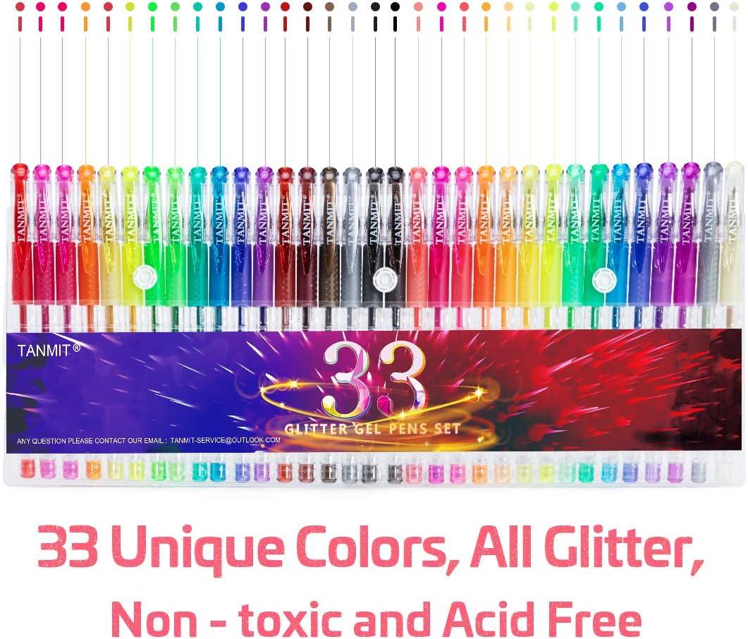 TANMIT Glitter Gel Pens, 33 Colors Neon Glitter Pens Set Gel Art Markers  with 40% More Ink for Adult Coloring Books, Drawing, Journaling, Doodling