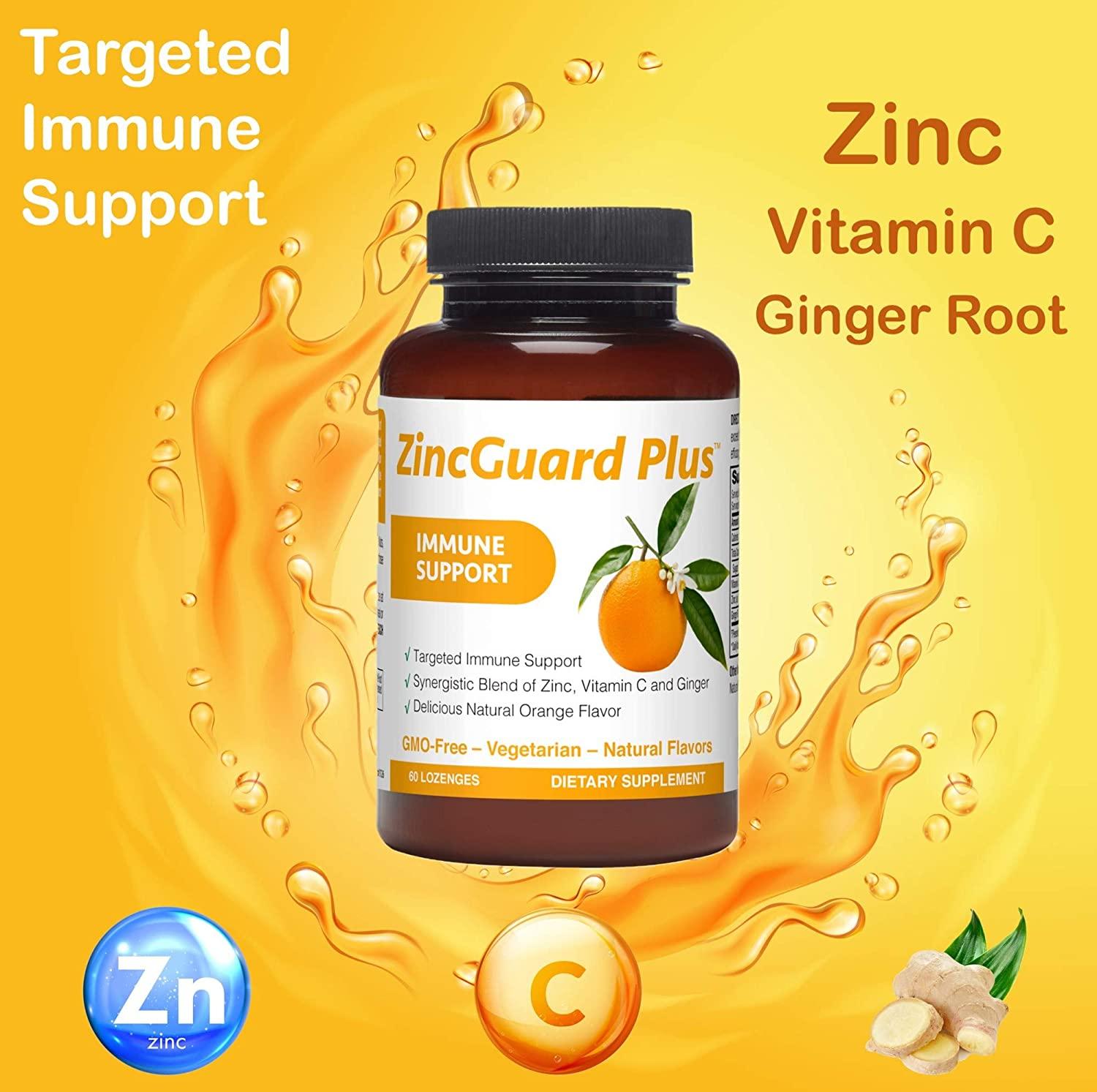 ZincGuard Plus Lozenges with Vitamin C & Ginger, 60 Naturally Orange Flavored Lozenges, GMOFree