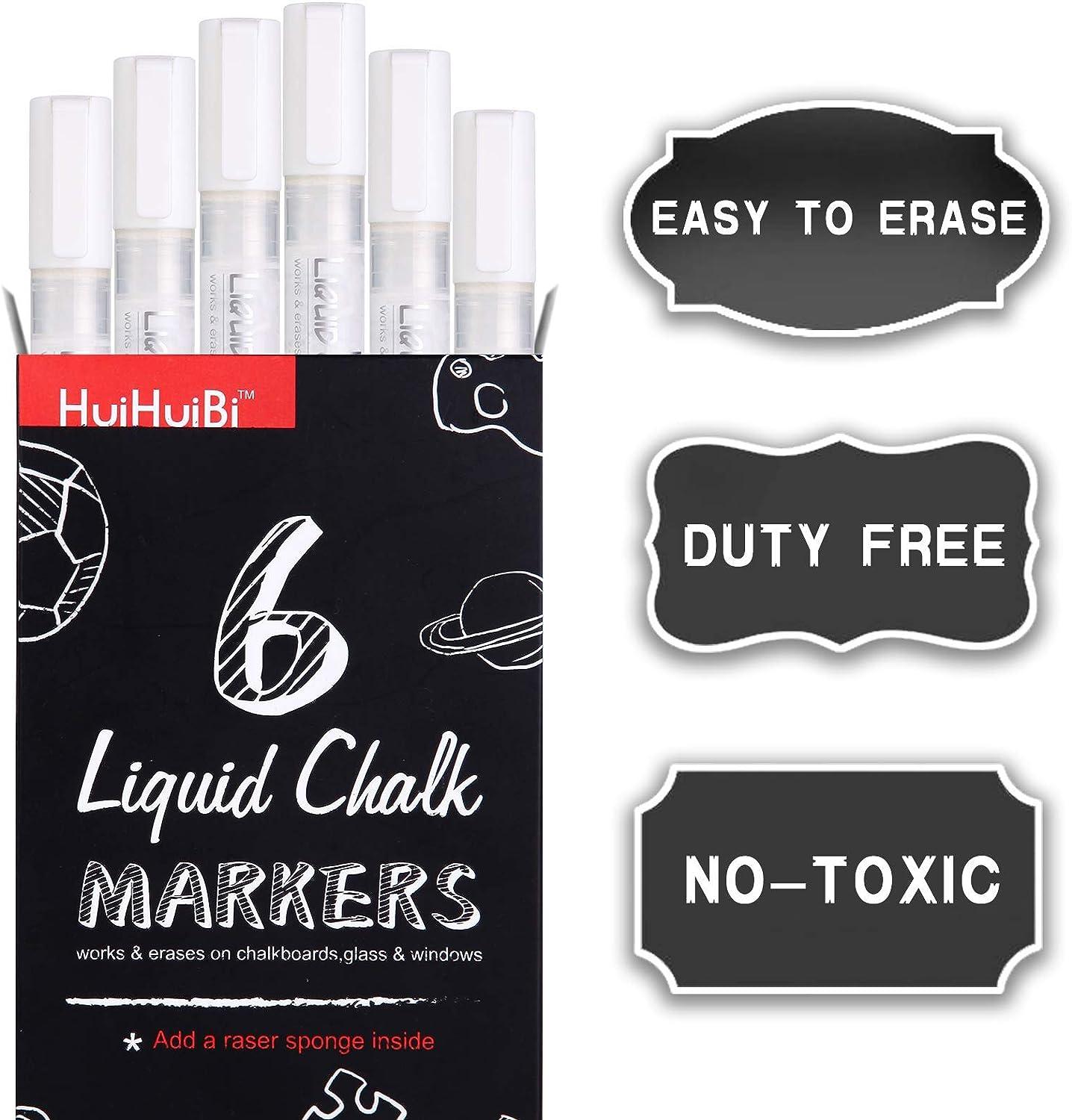 HUIHUIBI White Chalk Markers,6 Pack Set White Liquid Chalk Pens,White Dry  Erase Marker Pen for Blackboard,Windows,Chalkboards,Glass,Signs,Bistro 6  Pack White